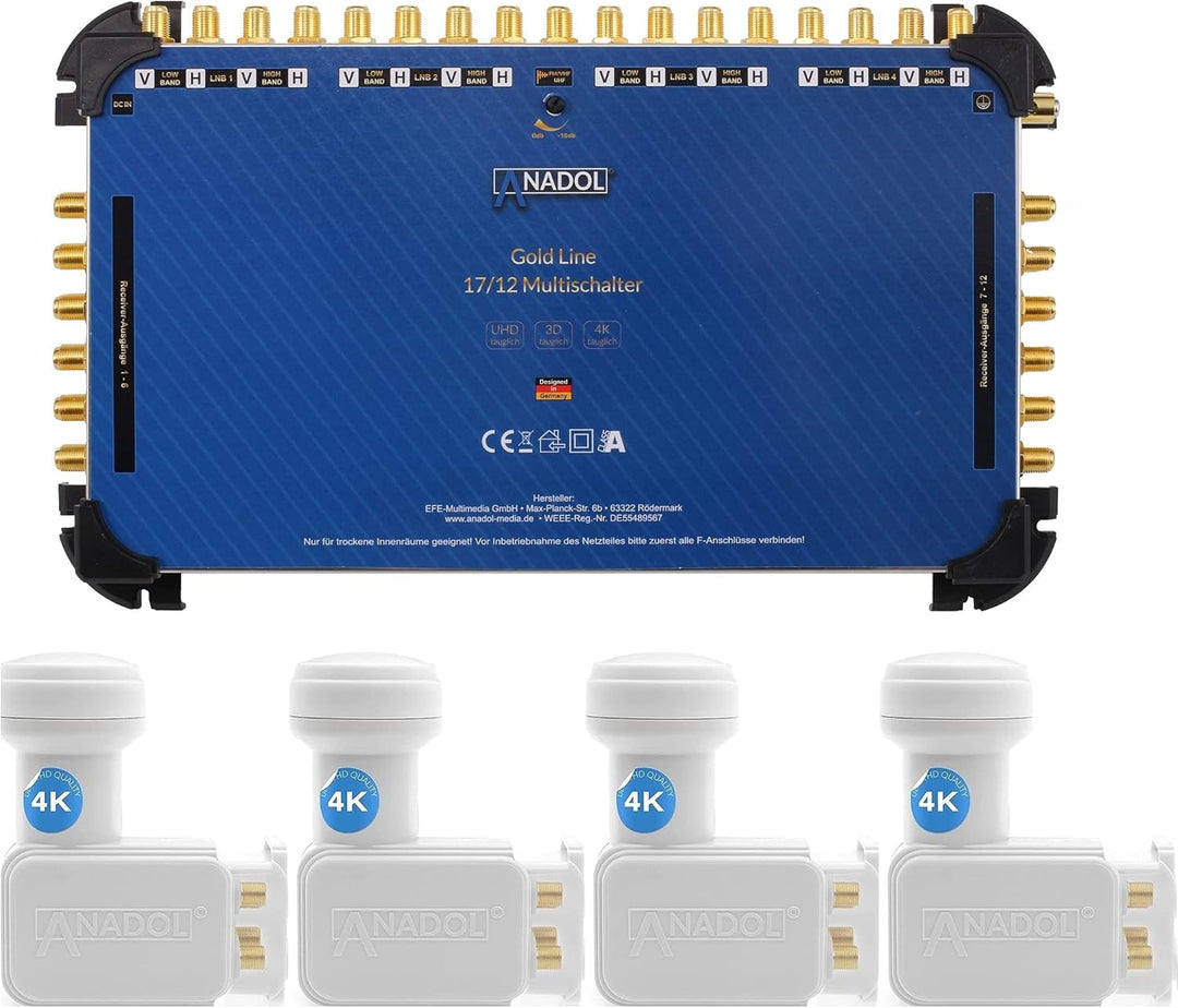 4X Anadol Quattro LNB + Anadol Gold Line 17/12 Multischalter im Set - für 4 Satelliten & 12 Teilnehm