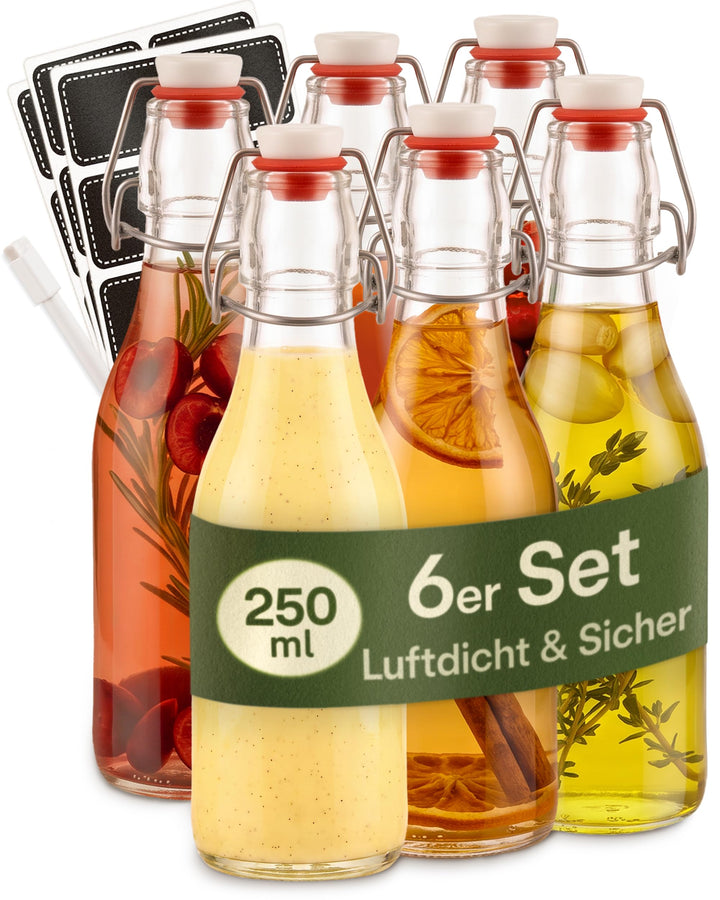 Praknu 6er Set Glasflaschen 250ml mit Bügelverschluss - Bügelflaschen Zum Befüllen - inkl. 6 Extra D