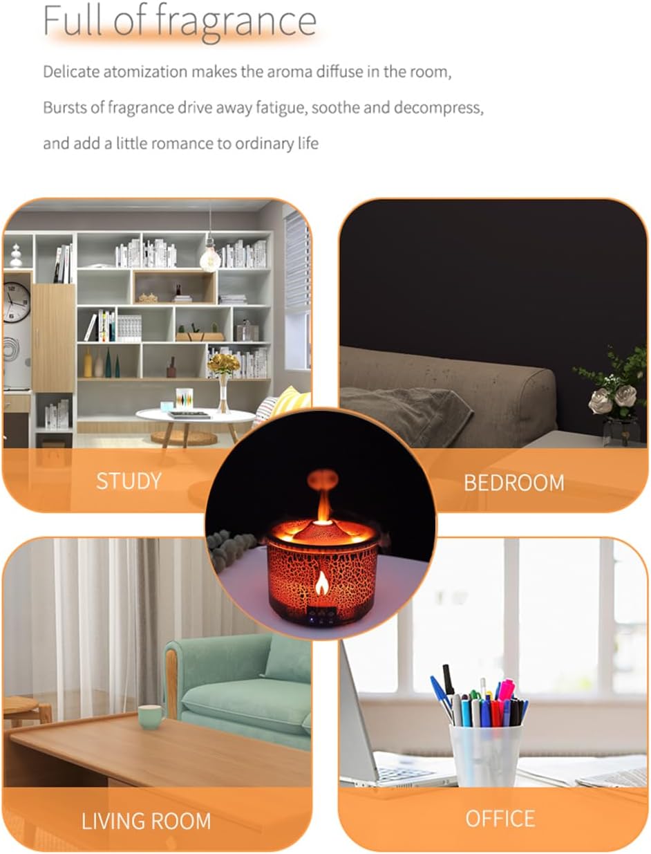 ThreeH Flammen-Vulkan Luftbefeuchter mit Aromadiffusor 2 Nebelmodi 7 Farben LED Für 20m² Räume