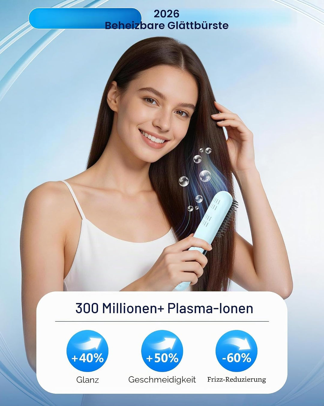 Kabellose Glättbürste für kurze Haare, Elektrische Haarglätter Bürste mit 3 Temperaturstufen 160-200