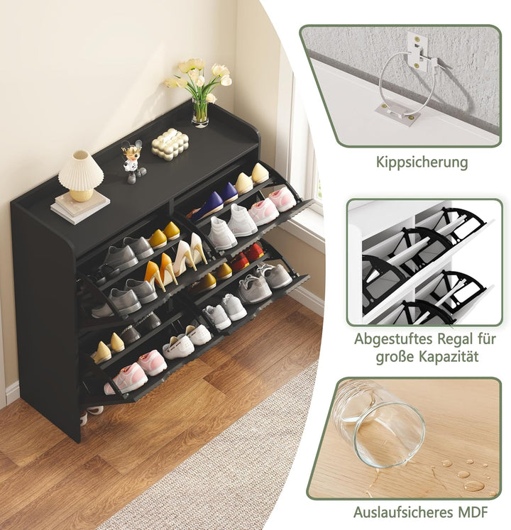 Garvis Schuhschrank mit 4 Klappen Schuhkipper Schubladen, Doppelfach, offenem oberen Fach und grosse