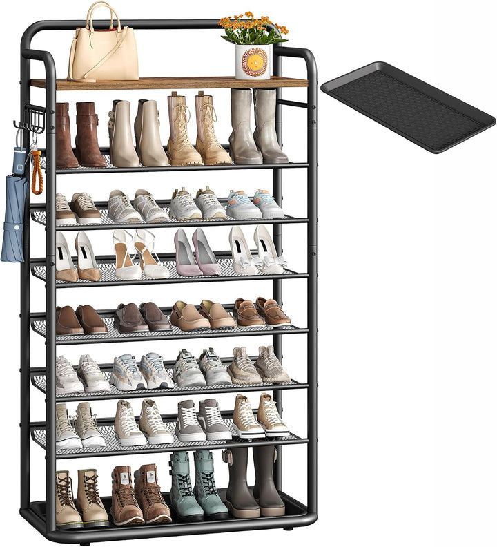 Hzuaneri 8-Stöckiges Schuhregal, 80 cm, 5 Haken, Schuhabtropfschale | Flache und Kippbare Gitternetz