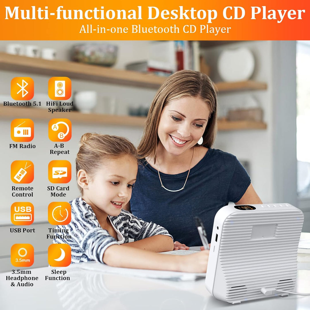 KOVCDVI CD Player mit Radio CD Player Bluetooth 5.1 mit 5W Dual Lautsprecher Wiedergabeleuchte Fernb