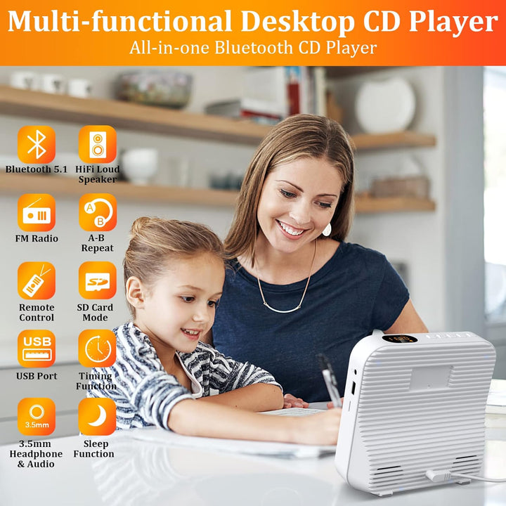 KOVCDVI CD Player mit Radio CD Player Bluetooth 5.1 mit 5W Dual Lautsprecher Wiedergabeleuchte Fernb