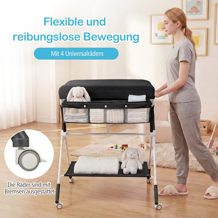 COSTWAY 3 in 1 Wickeltisch klappbar, mobile Wickelkommode mit Rollen, Wickelstation höhenverstellbar