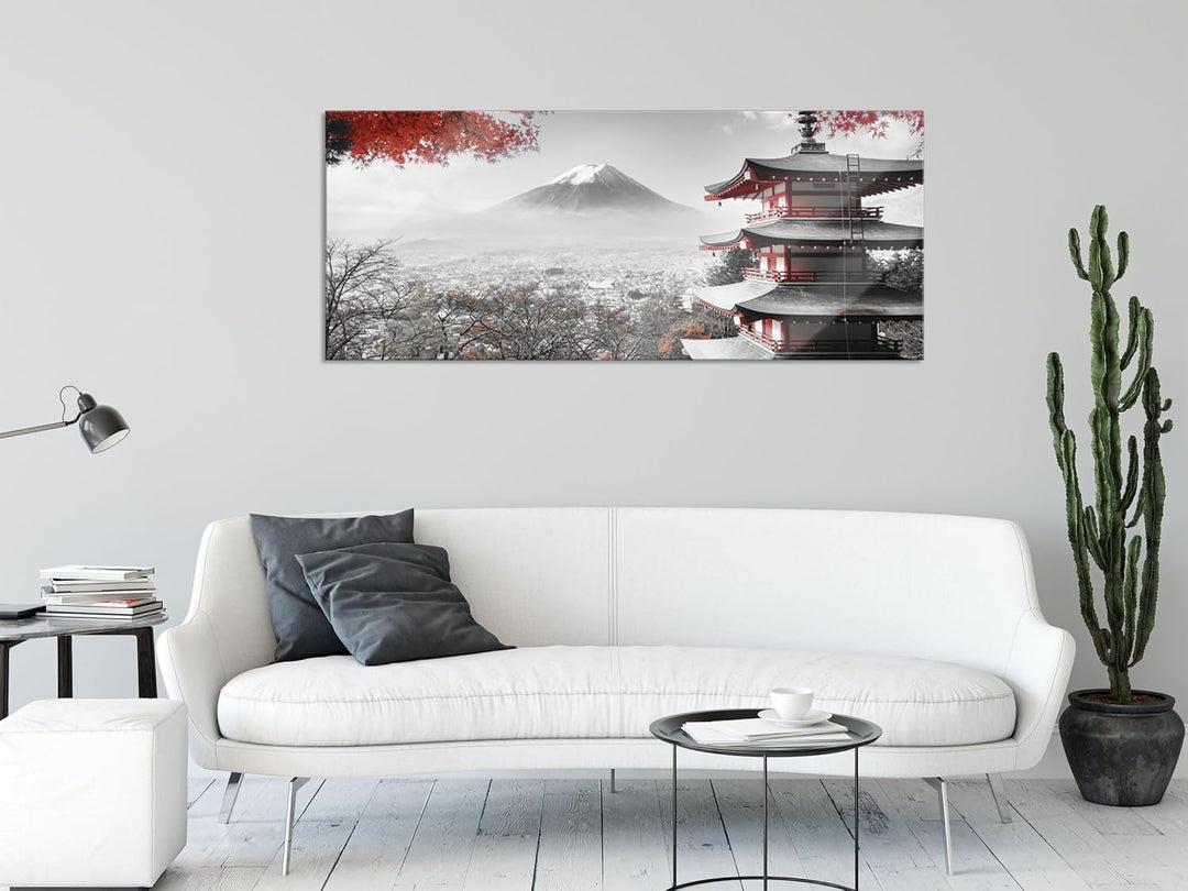 Glasbild Panorama | Wandbild aus Echtglas | Japanischer Tempel im Herbst | 120x50 cm | inkl. Aufhäng