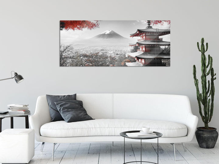 Glasbild Panorama | Wandbild aus Echtglas | Japanischer Tempel im Herbst | 120x50 cm | inkl. Aufhäng