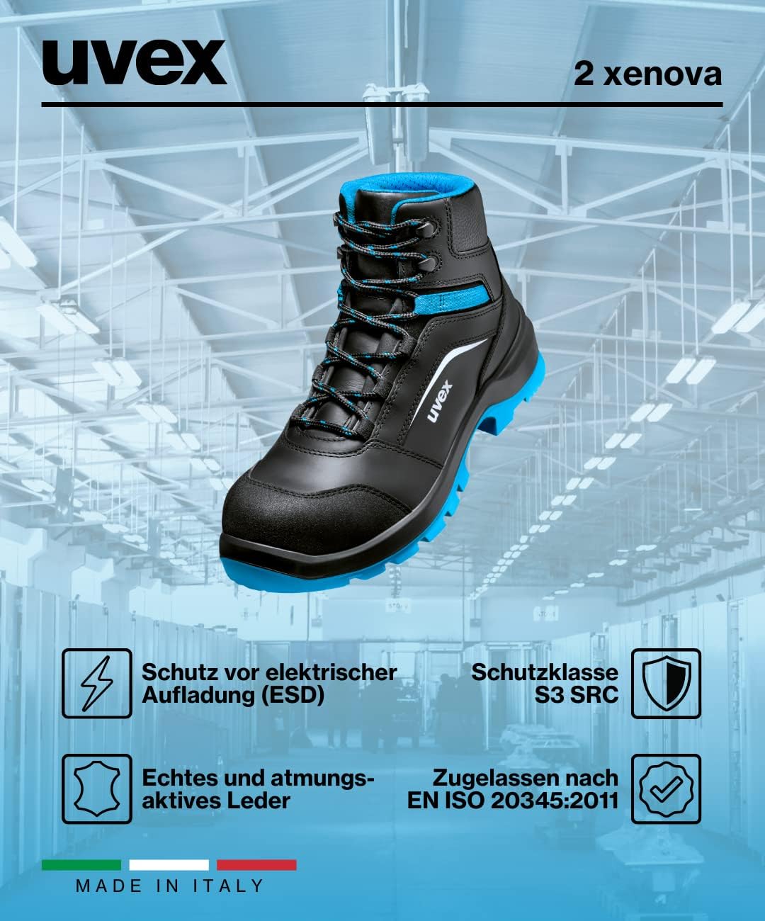 Uvex 2 xenova Sicherheitsstiefel S3 SRC, Schnürstiefel, Arbeitsschuhe für Herren, Schwarz/Grün 39 EU