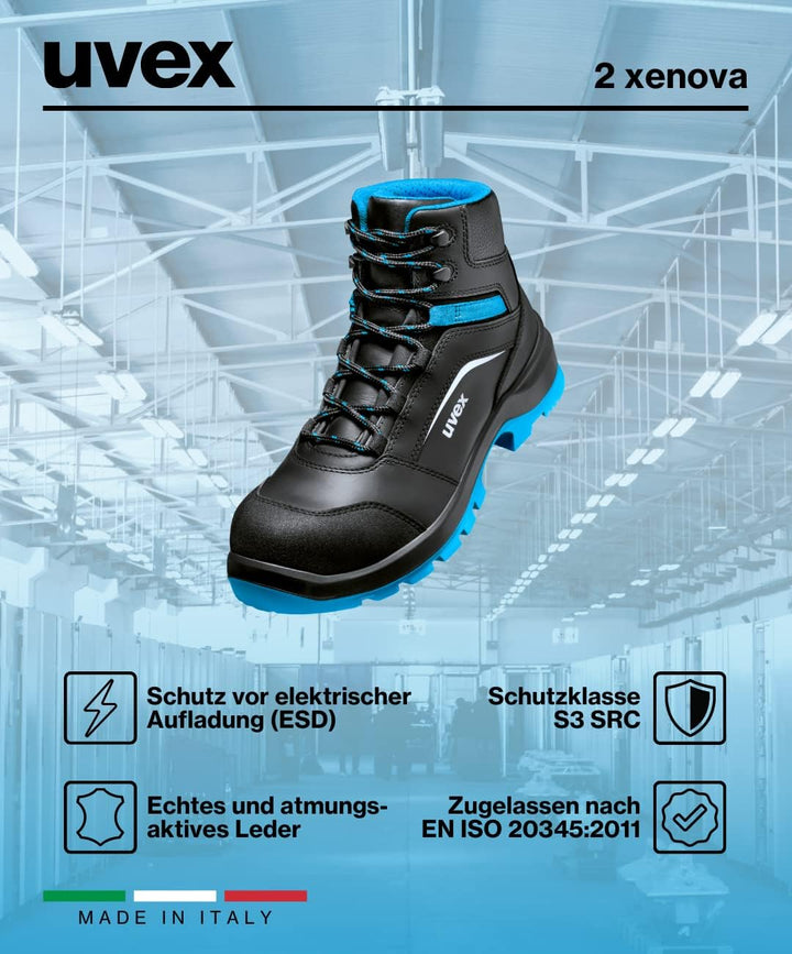 Uvex 2 xenova Sicherheitsstiefel S3 SRC, Schnürstiefel, Arbeitsschuhe für Herren, Schwarz/Grün 39 EU