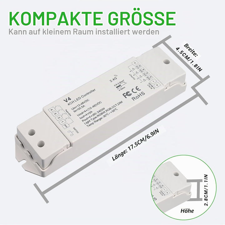 JOYLIT LED Streifen Controller 12-48V 4 Polig 5A/CH 4 in 1, 2.4G PWM Dimmbarer Farbwechsel RGB RGBW