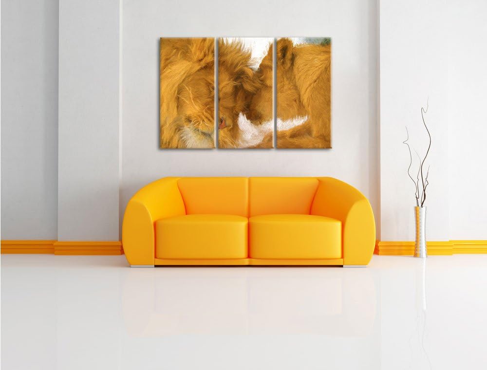 Pixxprint Kuschelnde Löwen Bunstift Effekt 3-Teiler Leinwandbild 120x80 Bild auf Leinwand
