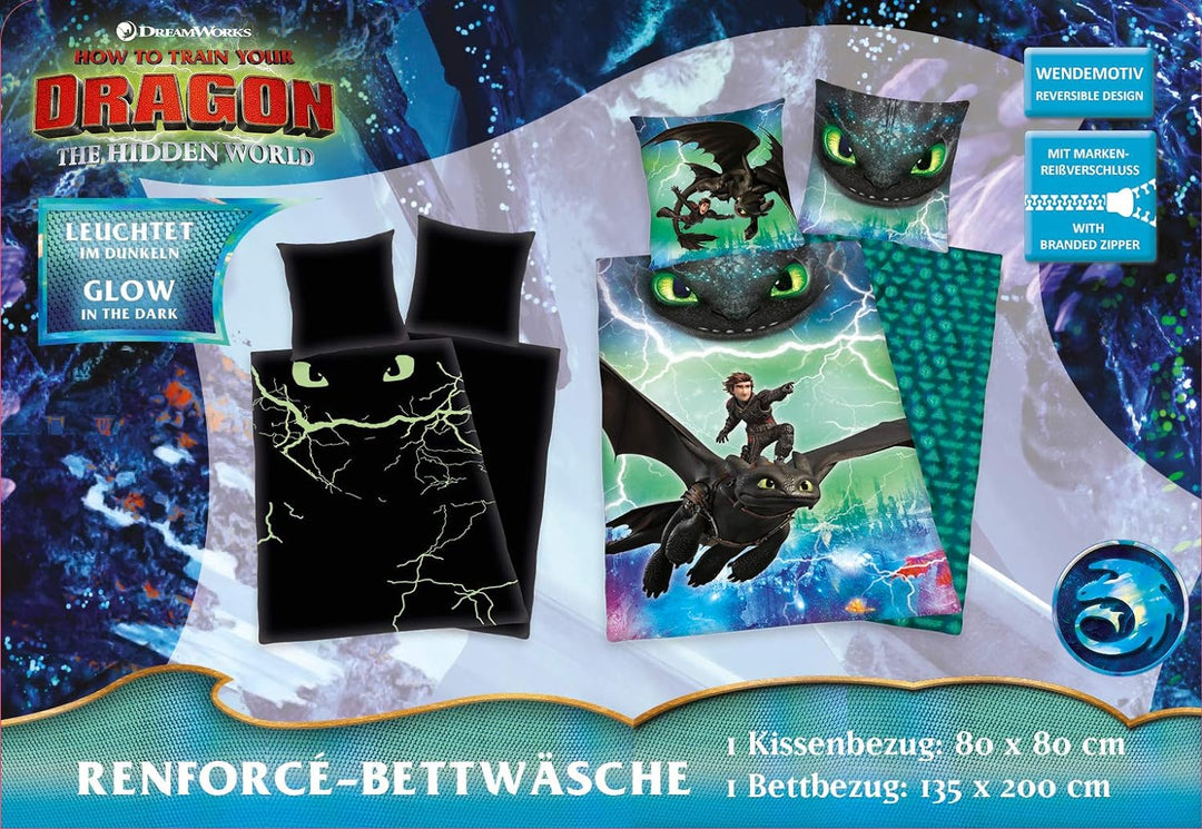 Herding DREAMWORKS DRAGONS Bettwäsche-Set, Wendemotiv, Bettbezug 135 x 200 cm, Kopfkissenbezug 80 x
