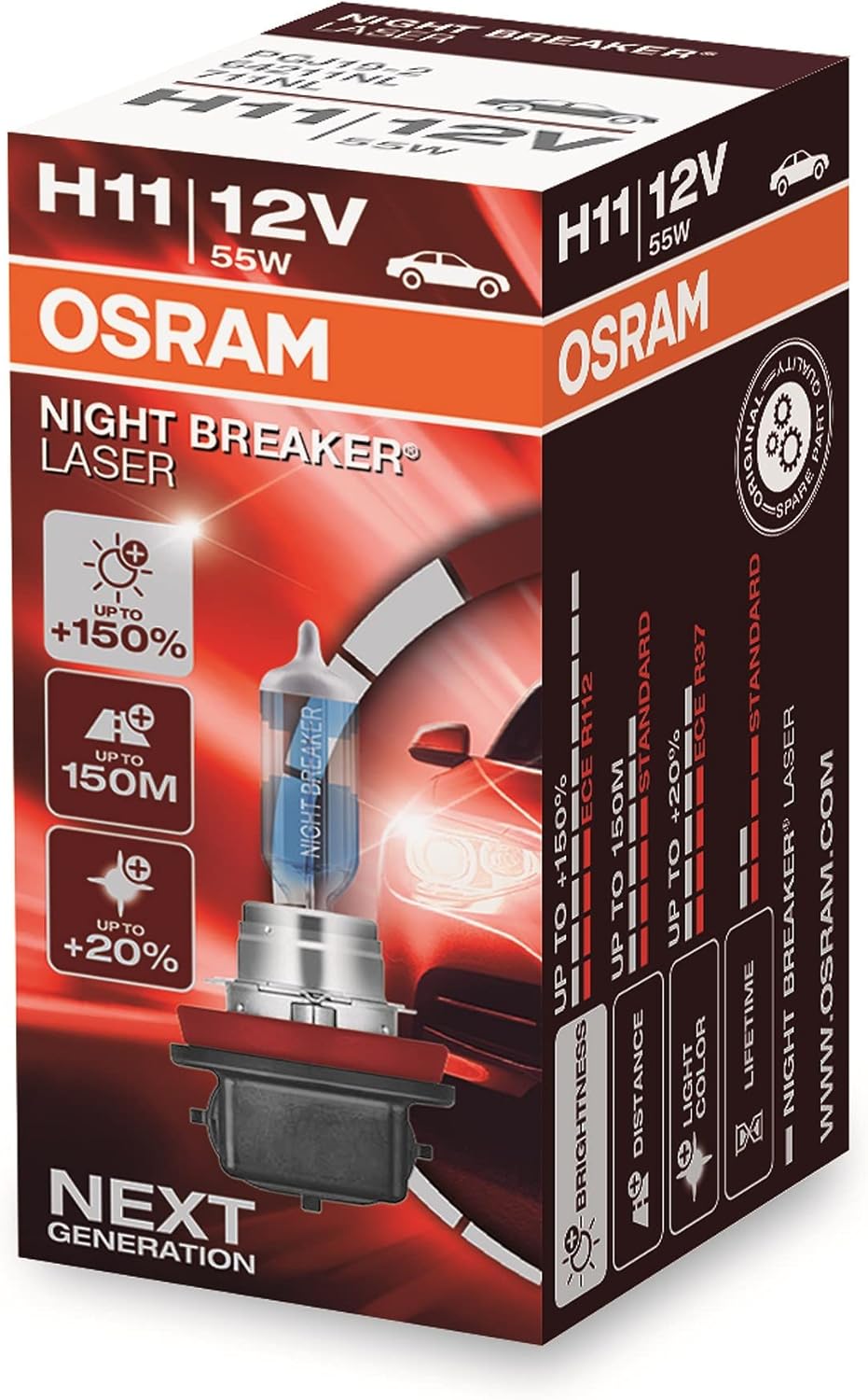 Osram NIGHT BREAKER LASER H11, +150% mehr Helligkeit, Halogen-Scheinwerferlampe, 64211NL, 12V PKW, F