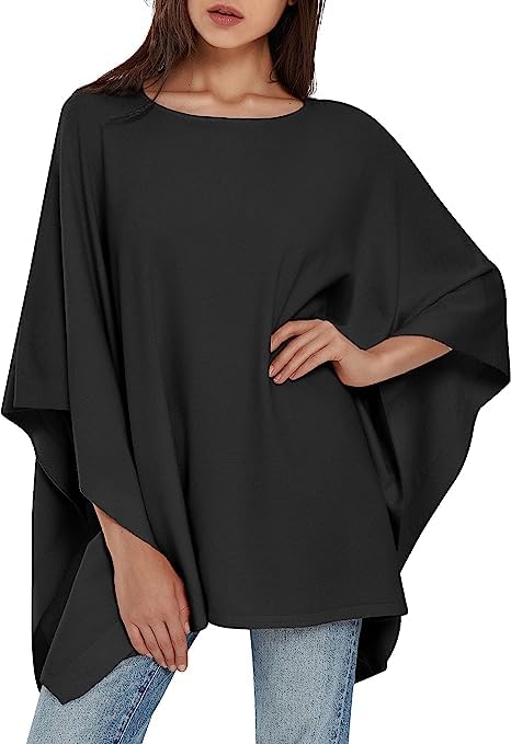 PULI Damen Pullover Poncho Elegant Viskose Strick Locker sitzend Poncho Schal Einheitsgrösse Schwarz