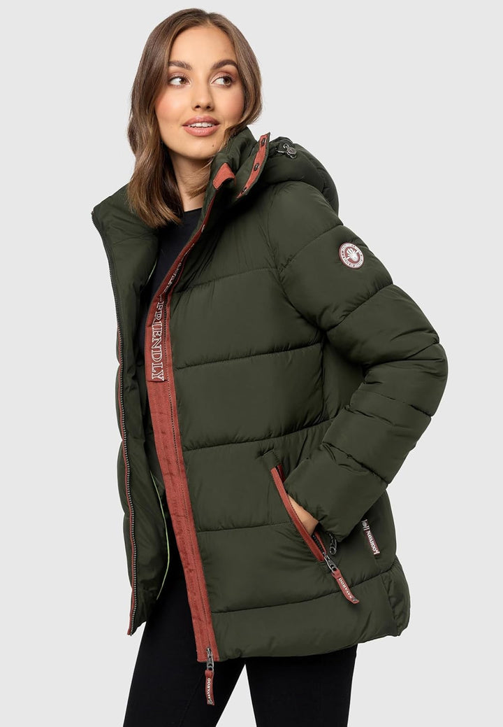 Navahoo Damen Kurze Winterjacke Steppjacke warm mit Abnehmbarer Kapuze aus recycelten Materialien Wa