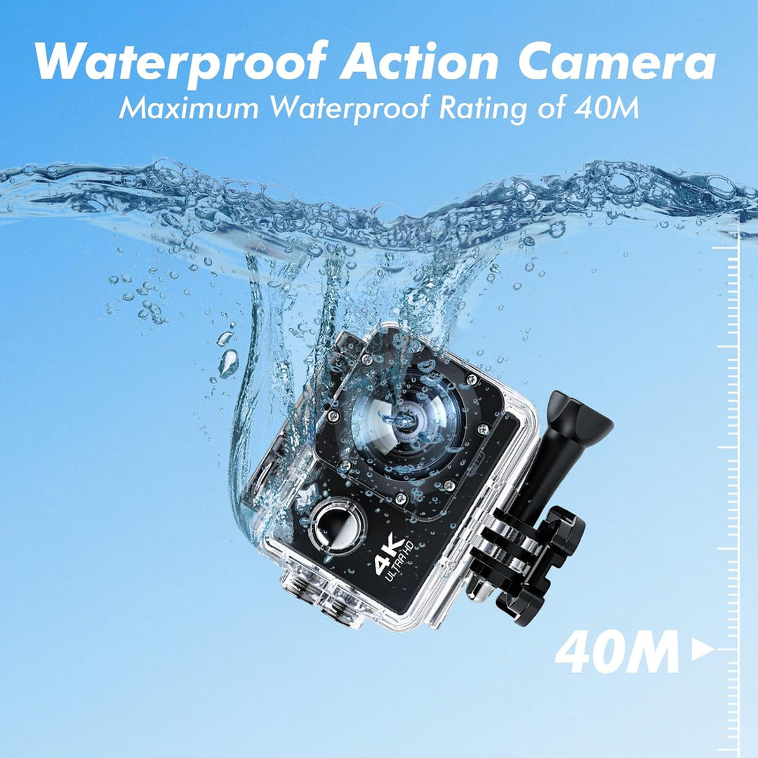 Action Cam 720P 30FPS mit 64GB Karte,20MP Unterwasserkamera bis 40m, Touchscreen,140° Weitwinkel Spo
