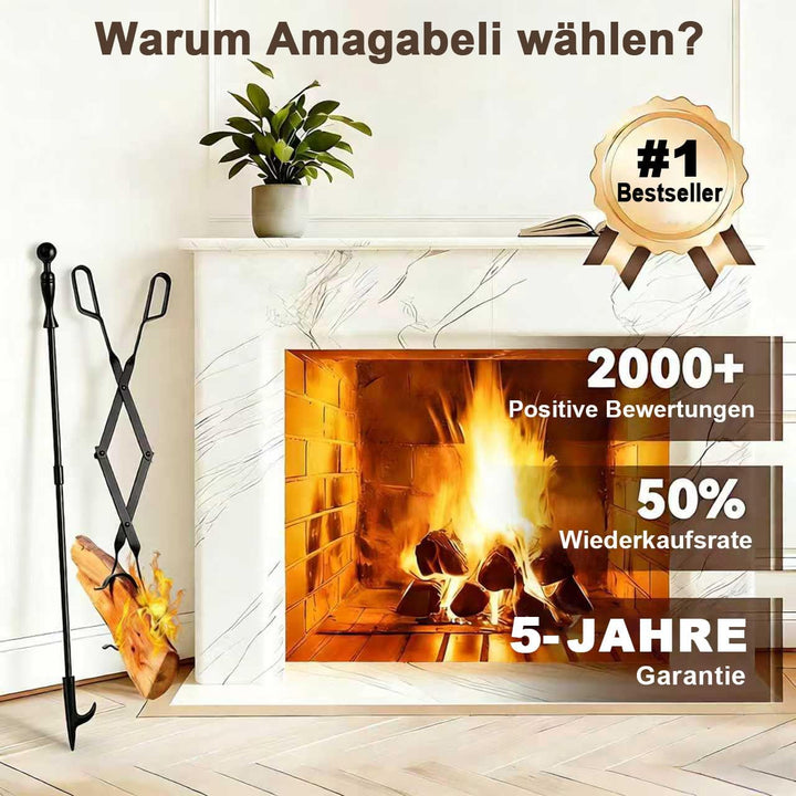 Amagabeli Kaminzangen Set 2-teilig mit Schürhaken & Feuerzange | 66cm Kaminholzzange + 81cm Feuerhak