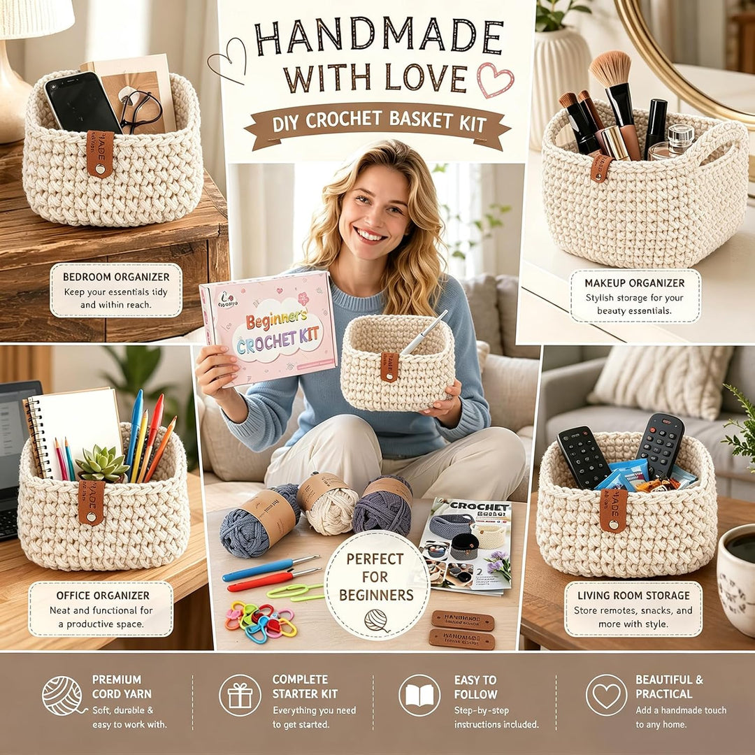 Chingcoo Häkelset für Anfänger mit 2 Häkelkörben - Crochet Kit mit 4 Häkelgarn Häkelnadeln Häkelzube