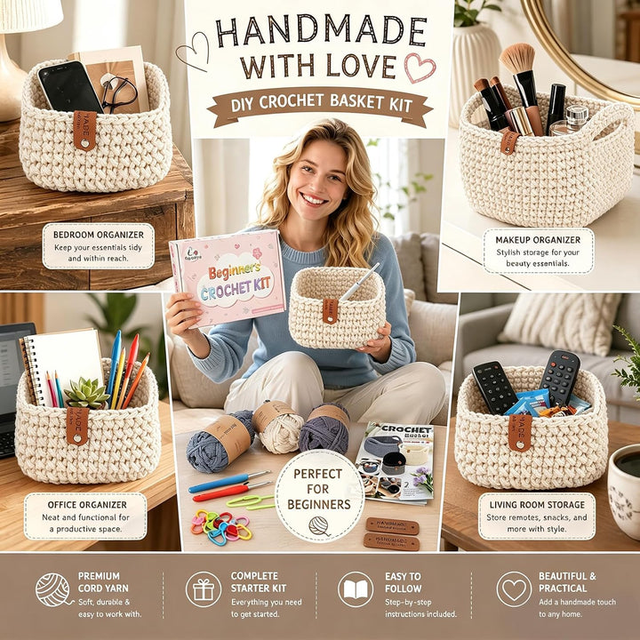 Chingcoo Häkelset für Anfänger mit 2 Häkelkörben - Crochet Kit mit 4 Häkelgarn Häkelnadeln Häkelzube