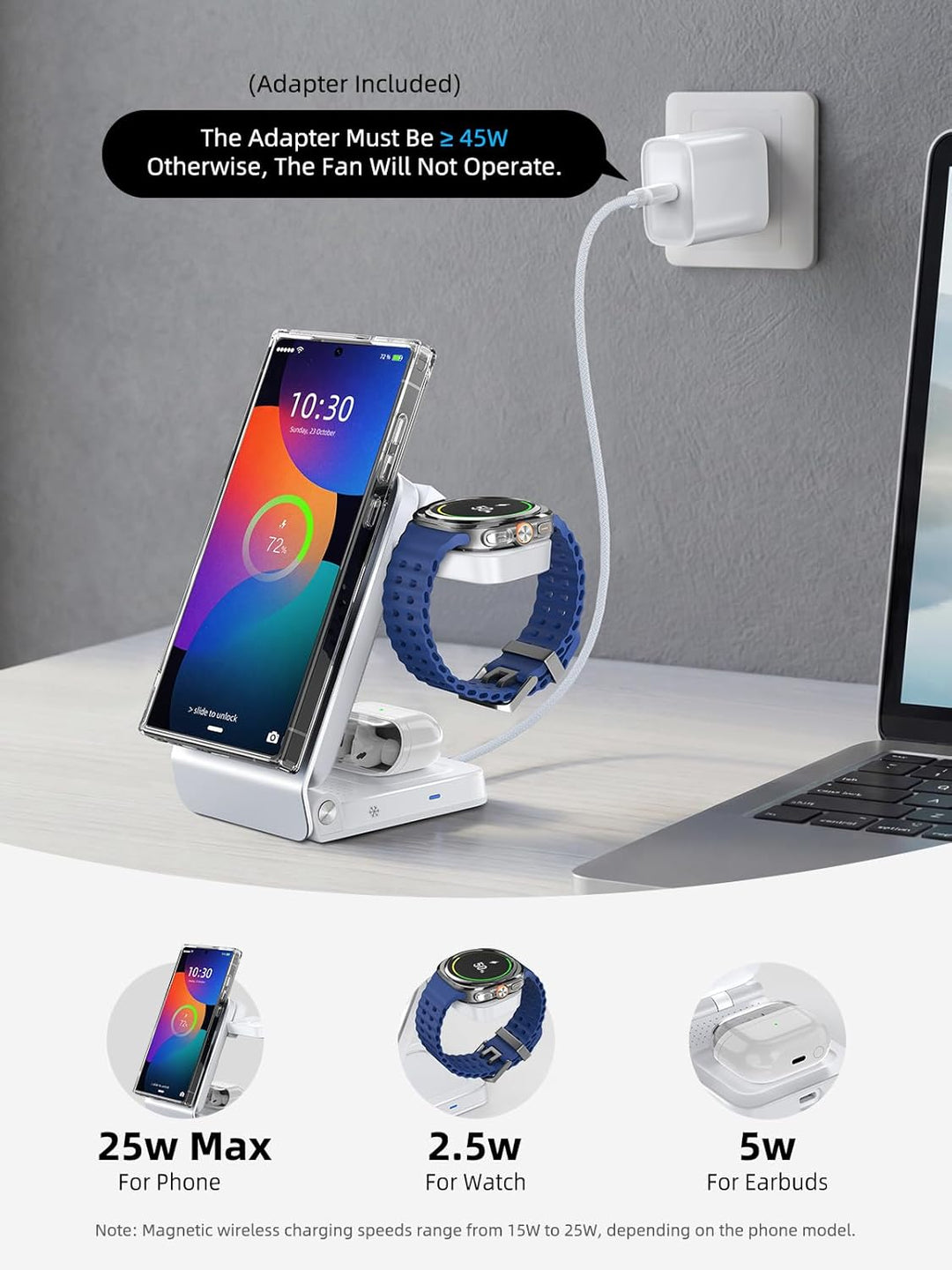 Magnetic Wireless Ladestation für Samsung mit Aktiver Kühlung, 3 in 1 Induktive ladestation für Sams