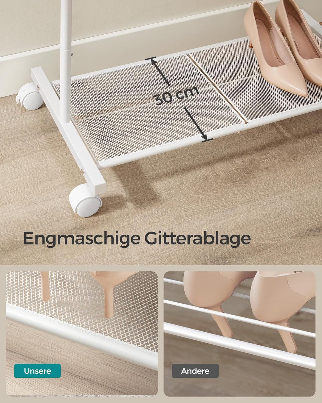 SONGMICS Kleiderständer, Kleiderstange auf Rollen, Garderobenständer 74 cm breit, Rollgarderobe mit