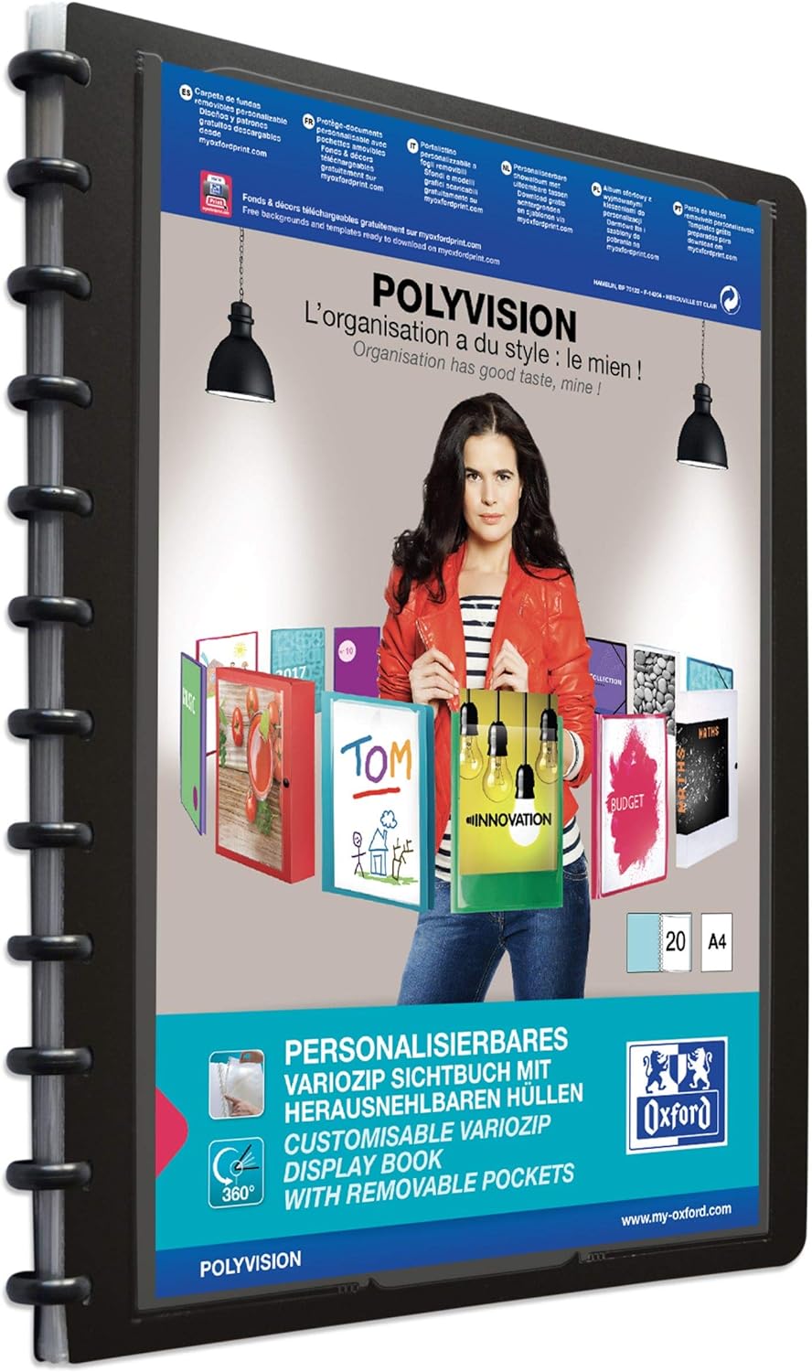 Oxford polyvision Ringmappe A4, mit vario-zipp, 20 Hüllen, schwarz, 5er Pack & Oxford manageMe Ringm