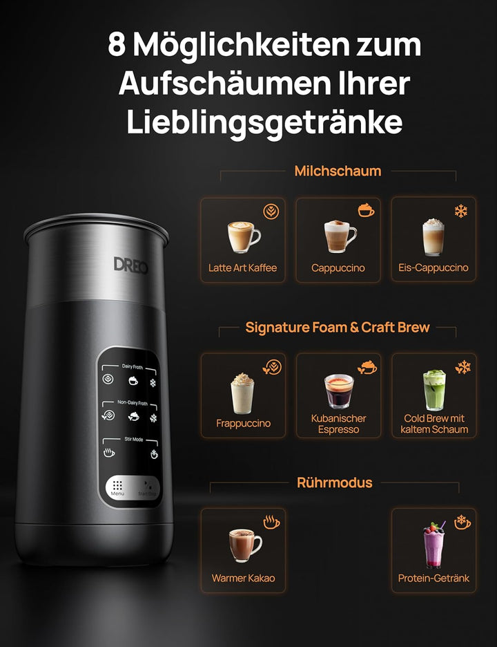 DREO Milchaufschäumer, 8-in-1 Elektrischer Milchschäumer für Latte, Cappuccino, Heisse Schokolade, 2