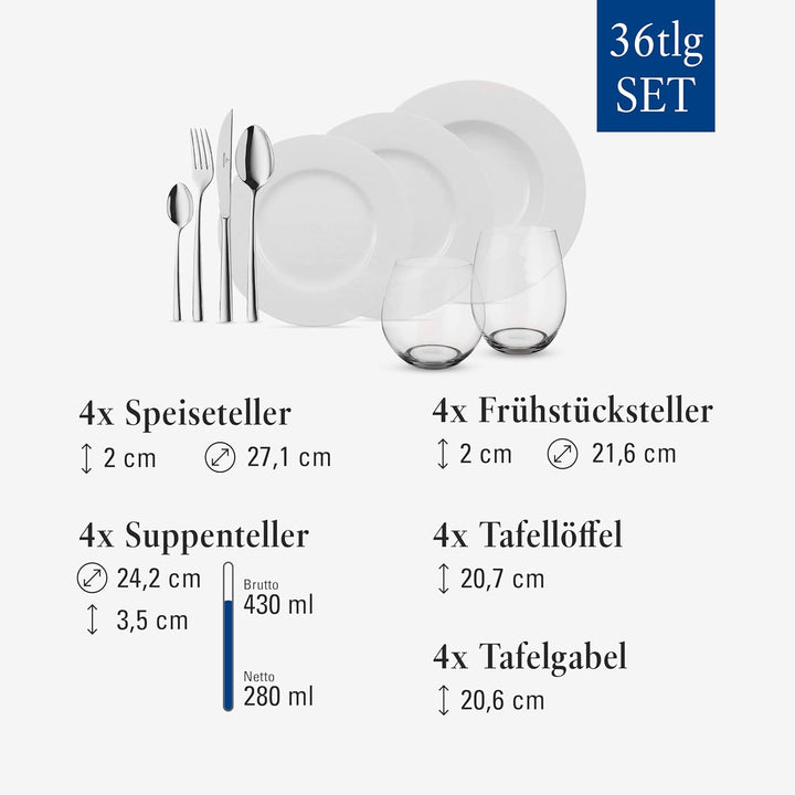 Villeroy und Boch - Wonderful World White 4 Friends Tafel Set, 36 tlg. Service für Feste, Premium Po