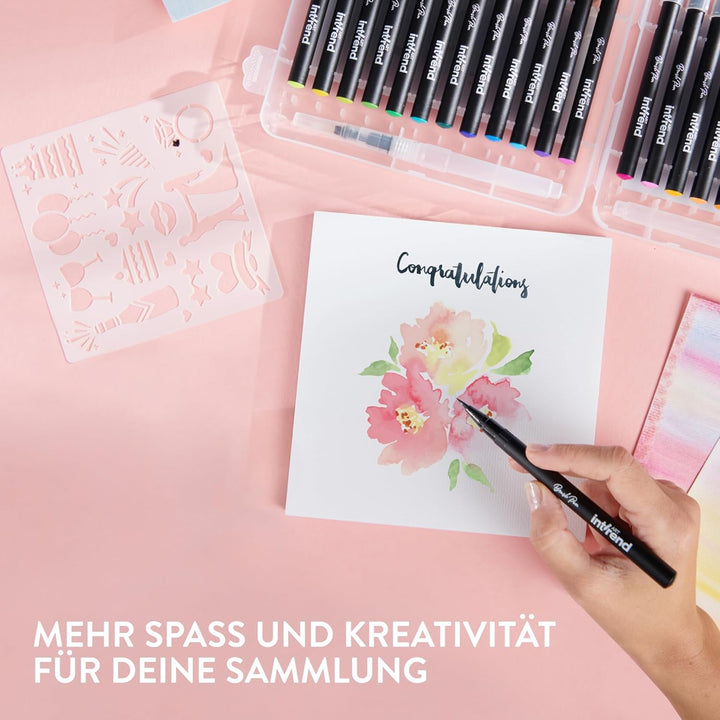 int!rend Brush Pen Set - 24 Aquarellstifte, 2 Wasserpinselstifte, 20 Blätter Aquarellpapier, 5 Schab
