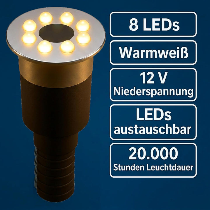 Wasserspielleuchte warmweiss, inkl. Trafo, 0,6 Watt, IP68, 12V, 103 LUX, 650 cm Kabel, 8 LED, LED Ri