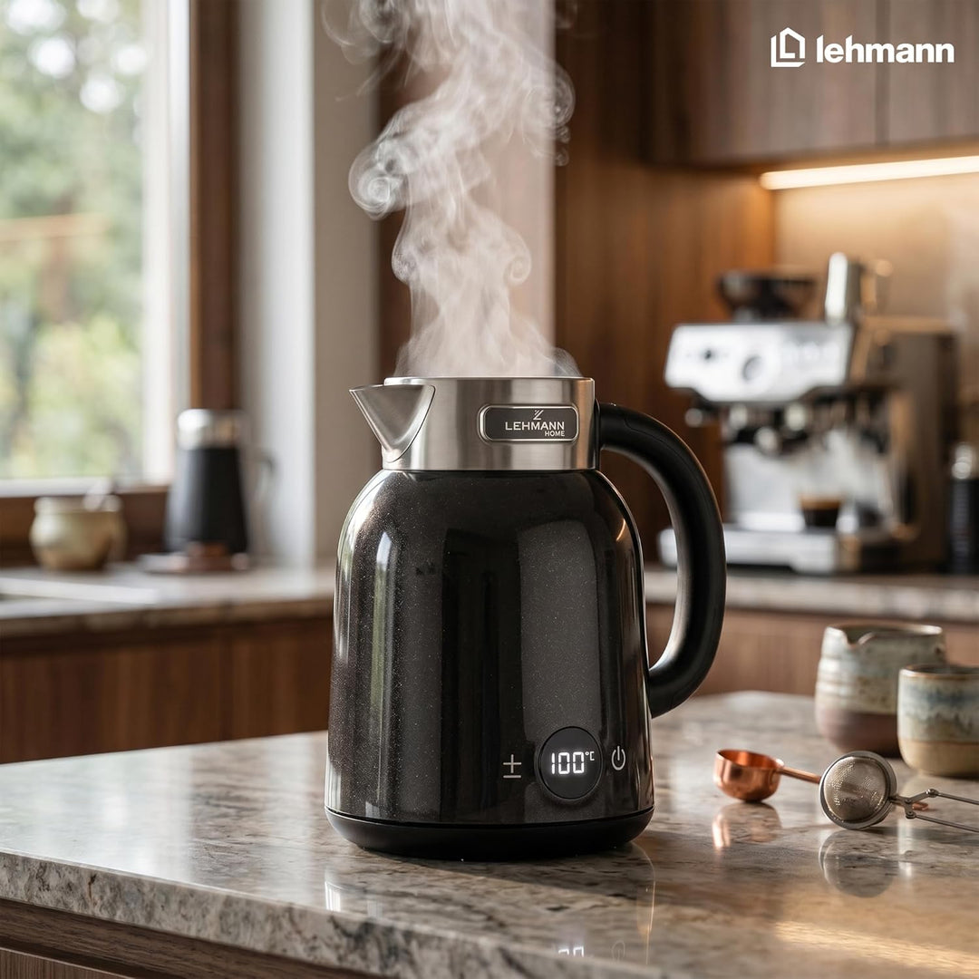LEHMANN Wasserkocher 1,5L mit Temperatureinstellung 40-100°C, Warmhaltefunktion, LED-Display, Doppel