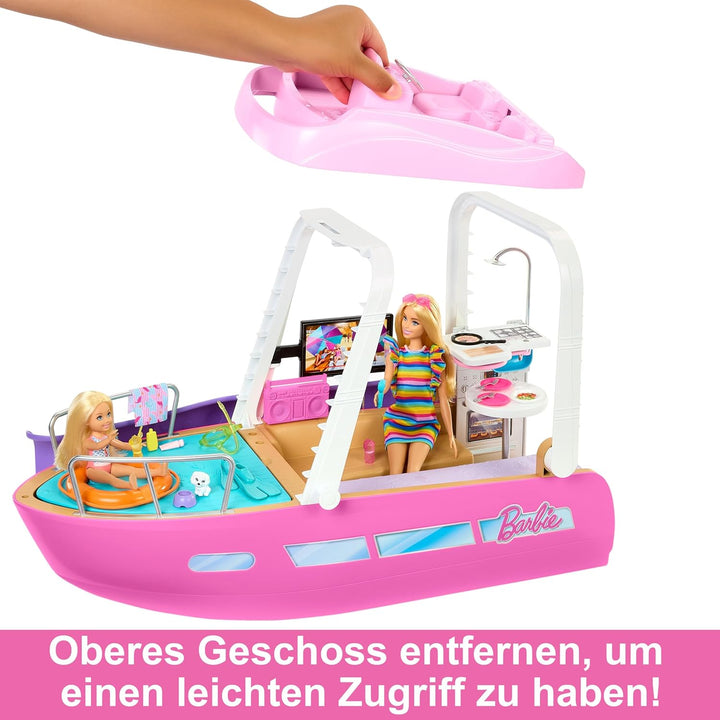 Barbie Traumboot Spielset, Rutsche und Schwimmzeug, 20+ Barbie-Zubehörteile, ohne Barbie-Puppe, als