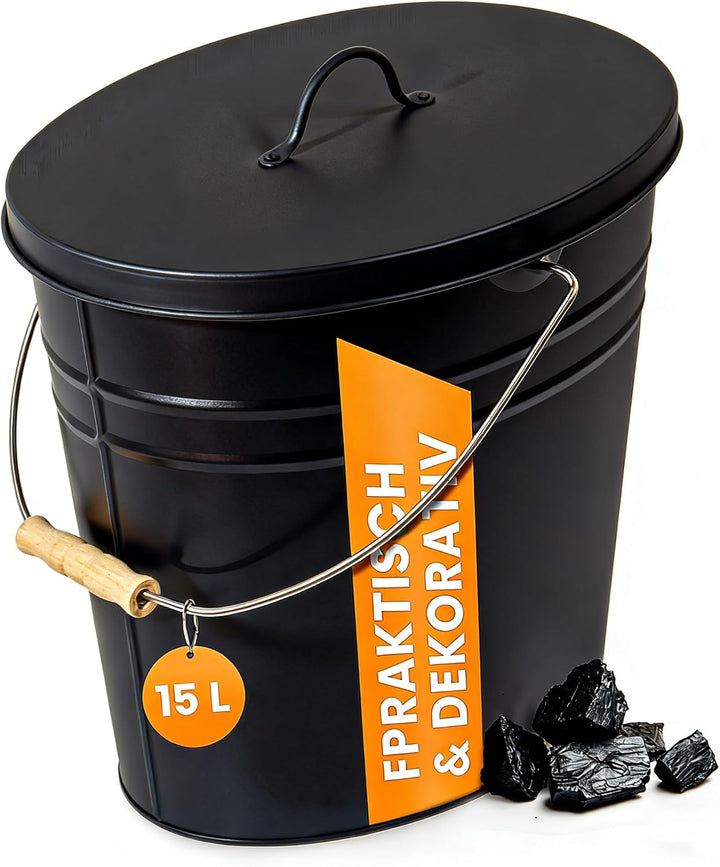 Theo&Cleo 15L Ascheeimer mit Deckel und Schaufel, Feuerfest Metalleimer, Kohleeimer für Kohle und As