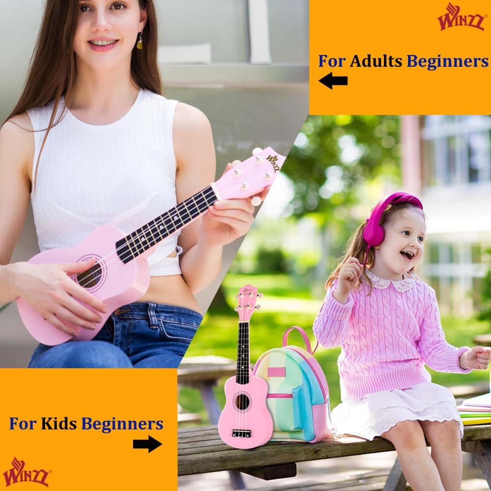 Winzz Sopran Ukulele Starter Kit für Anfänger mit Tasche, Clip-On Tuner, Zusätzlichen Saiten, Gurt,