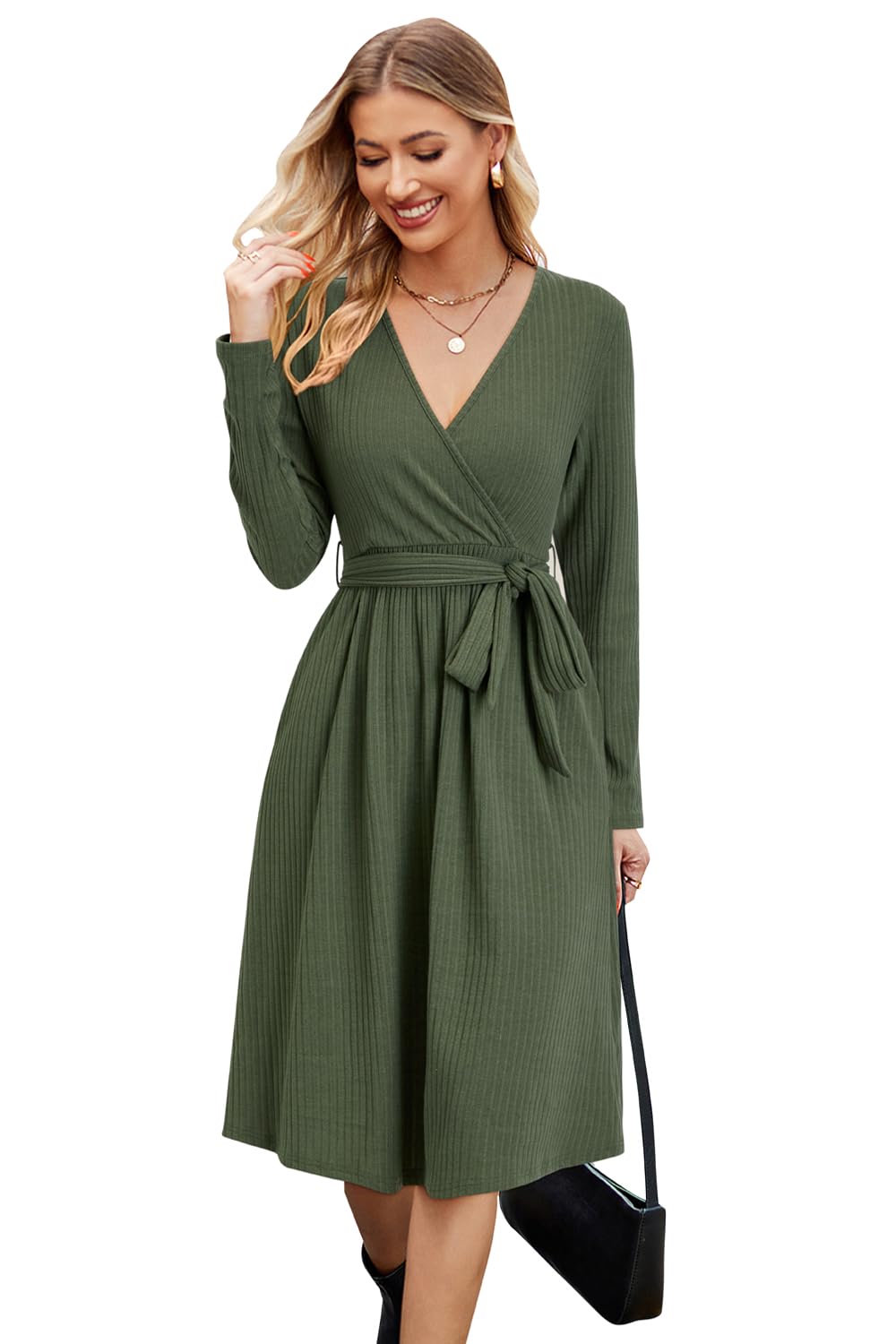Newshows Strickkleid Damen Herbstkleid V Ausschnitt Pulloverkleid Winterkleid Kleid mit Taschen für