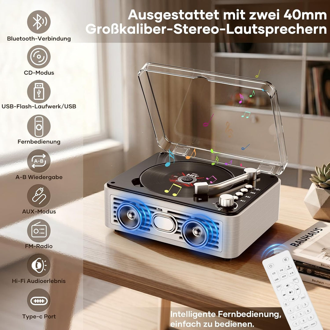 Tragbarer Bluetooth CD Player mit Fernbedienung - Timzeit Weisse Retro CD Spieler mit HiFi-Sound Lau