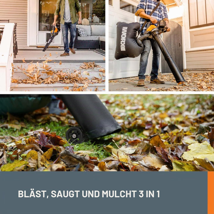 WORX WG583E Akku-Laubbläser/Laubsauger 40V – 3-in-1 Multifunktion zum Laub Zusammenkehren, Aufsaugen