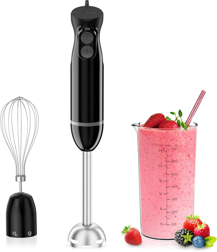 Bonsenkitchen 3 in 1 Elektrischer Stabmixer, 1000W Pürierstab mit Schneebesen/Messbecher, Stufenlose