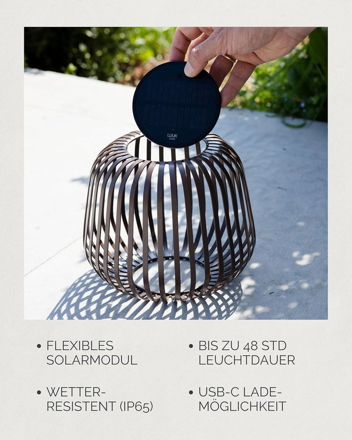 LUUK Studio Portable Solar Tischleuchte mit USB-C Aufladung, IP65 geschützt, Indoor & Outdoor, stilv