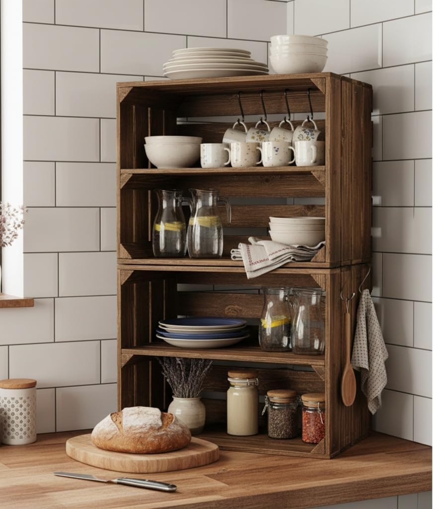 Massive Holzkisten als Schuhregal / Bücherregal LEICHT GEFLAMMT mit Zwischenbrett (verschraubt) Apfe