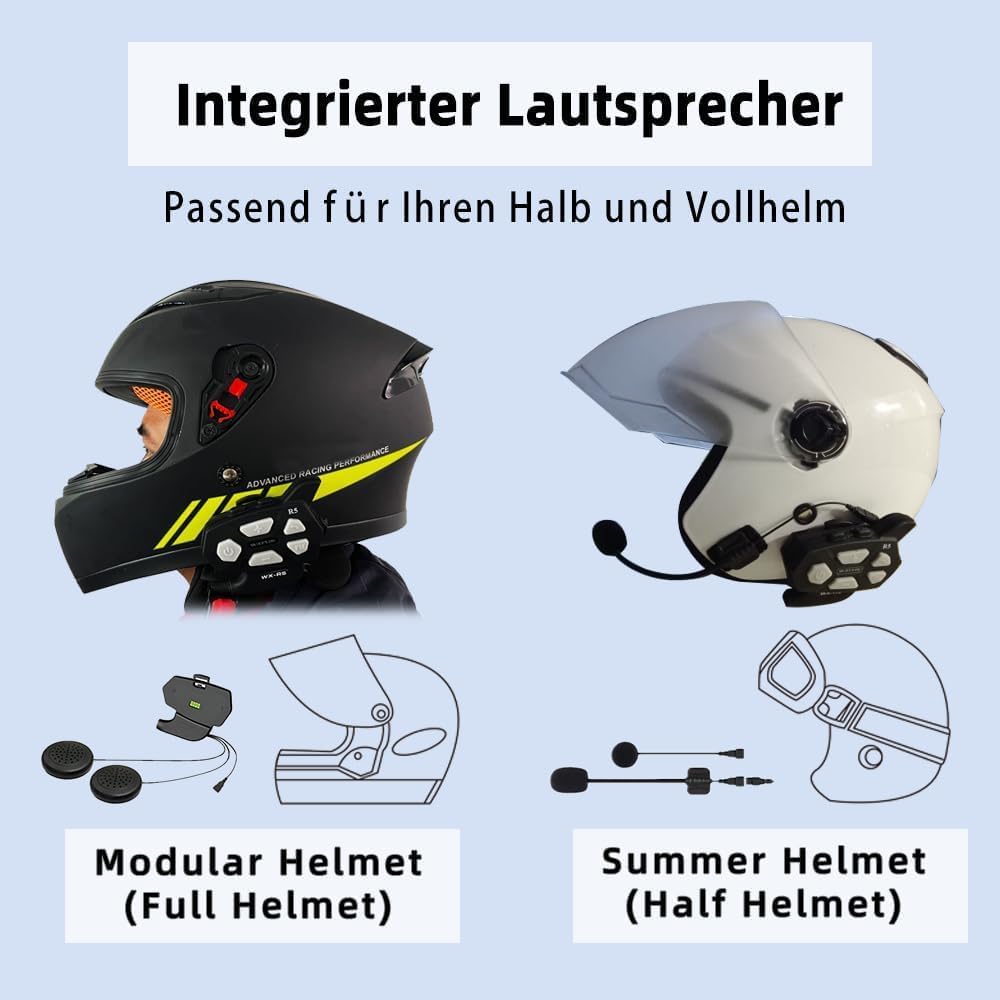R5 Pro Motorrad Headset Intercom mit HiFi/FM/AI Sprache Motorrad Bluetooth Headset für 2 Personen in