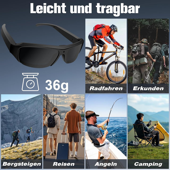 Klein Brillen Kamera HD 1080P, Tragbar Videorecorder ohne WLAN, Sonnenbrillen Action Kamera für Vide