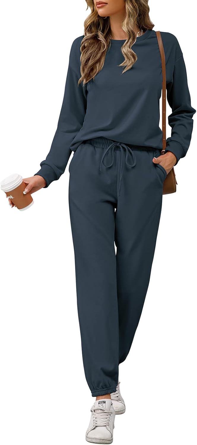 REORIA Damen Tracksuit Langarm Rundhalsausschnitt Einfarbig Zweiteiler Outfit Hoodie Jogger Training