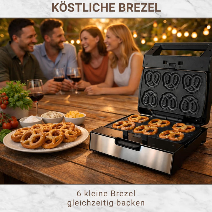 Syntrox Mini Brezel Maker mit Wechselplatten, Edelstahl, schnelles Aufheizen, Antihaftbeschichtet, v