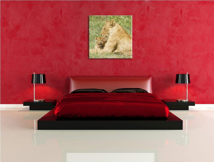 stolzer Löwe in Steppe, Format: 70x70 auf Leinwand, XXL riesige Bilder fertig gerahmt mit Keilrahmen