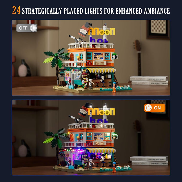 Lumibricks Road Trip Moon Bar Bausatz, 2186 Teile Küsten-Tavernen-Modell mit LED-Licht-Set, 5 Minifi
