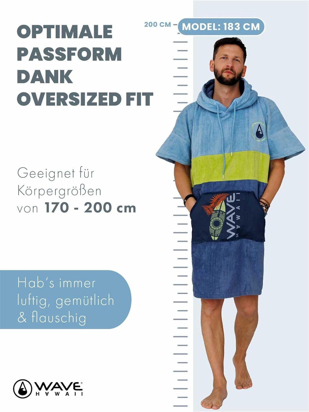 WAVE HAWAII Bade-Poncho Damen & Herren | Grösse L, 170-200cm I 100% Baumwolle Surf-Poncho Erwachsene