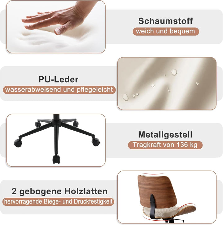 Bürostuhl ohne Armlehne Schreibtischstuhl Leder Holz Modern Homeoffice Chair Wippfunktion bis 136 kg