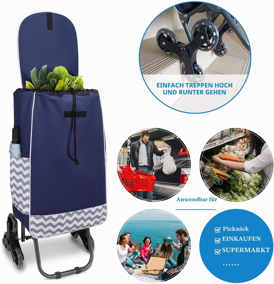 Kono Einkaufstrolley Klappbar Einkaufswagen Stabiler 2 in 1 Multifunktional Treppensteigwagen mit 3