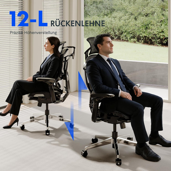 FLEXISPOT ErgoX Pro Ergonomischer Bürostuhl mit ausziehbarer Fussstütze, 12-stufiger Höhenverstellun